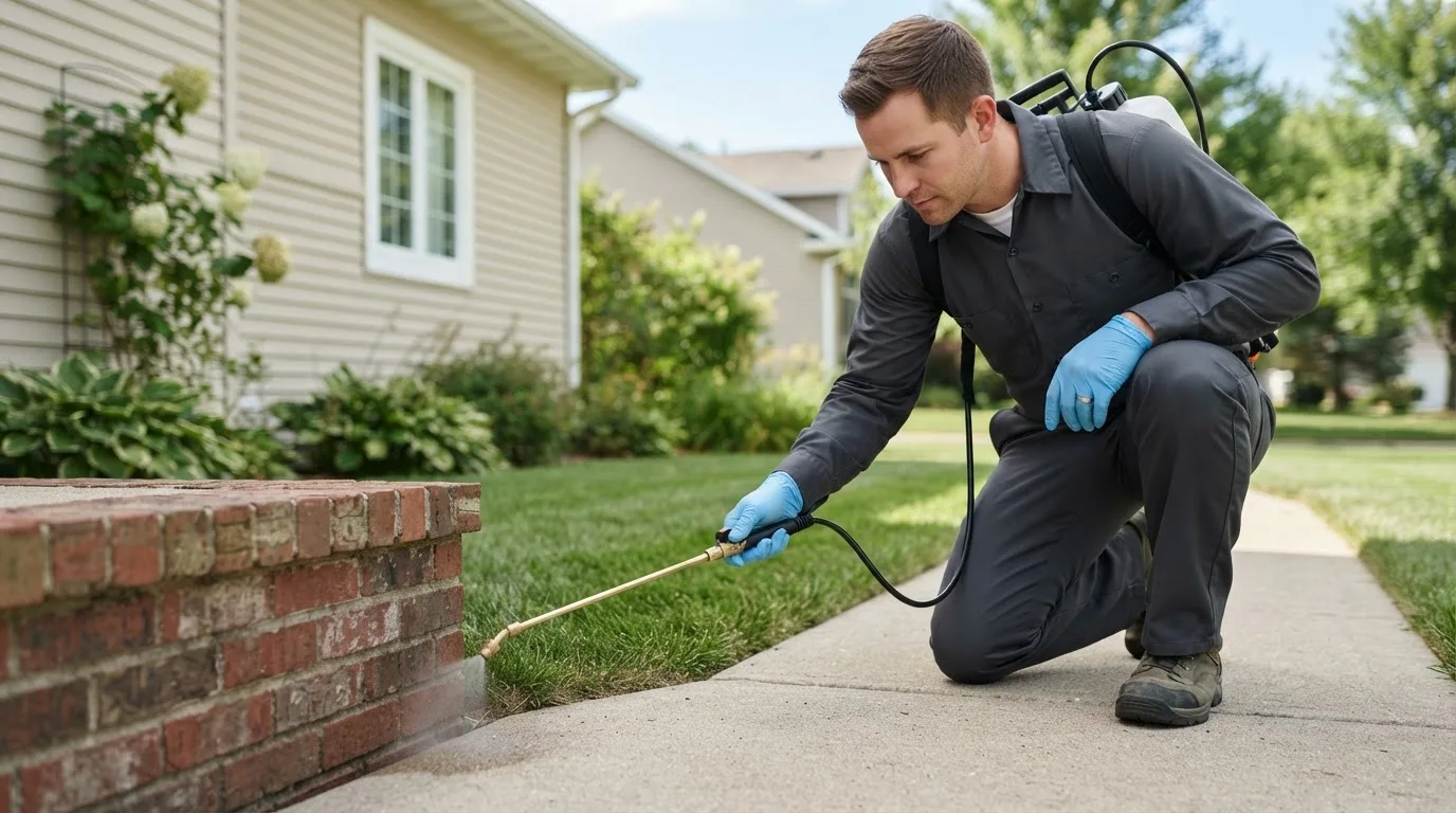 Pest control technician treating a home near Wellesley Island, NY