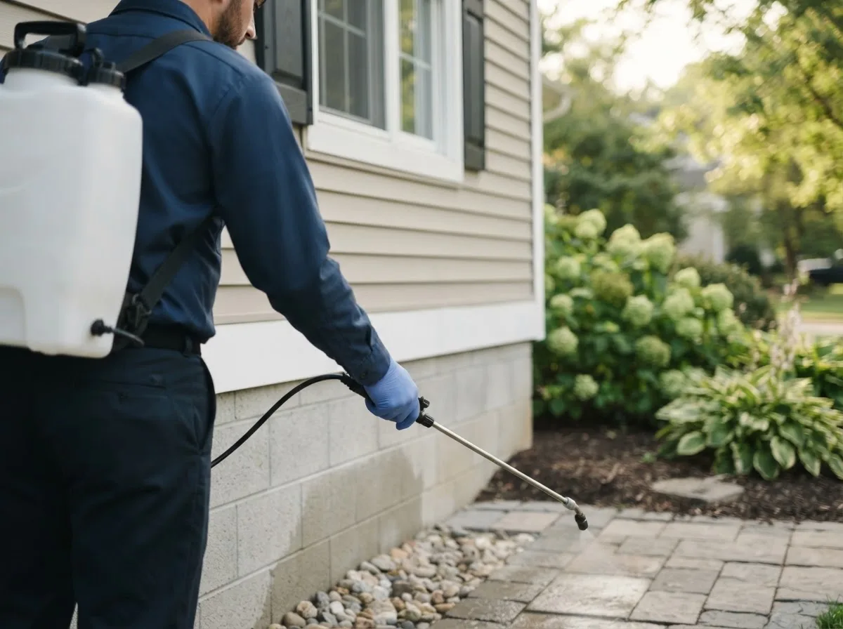 Pest control technician inspecting a home in Wellesley Island, NY